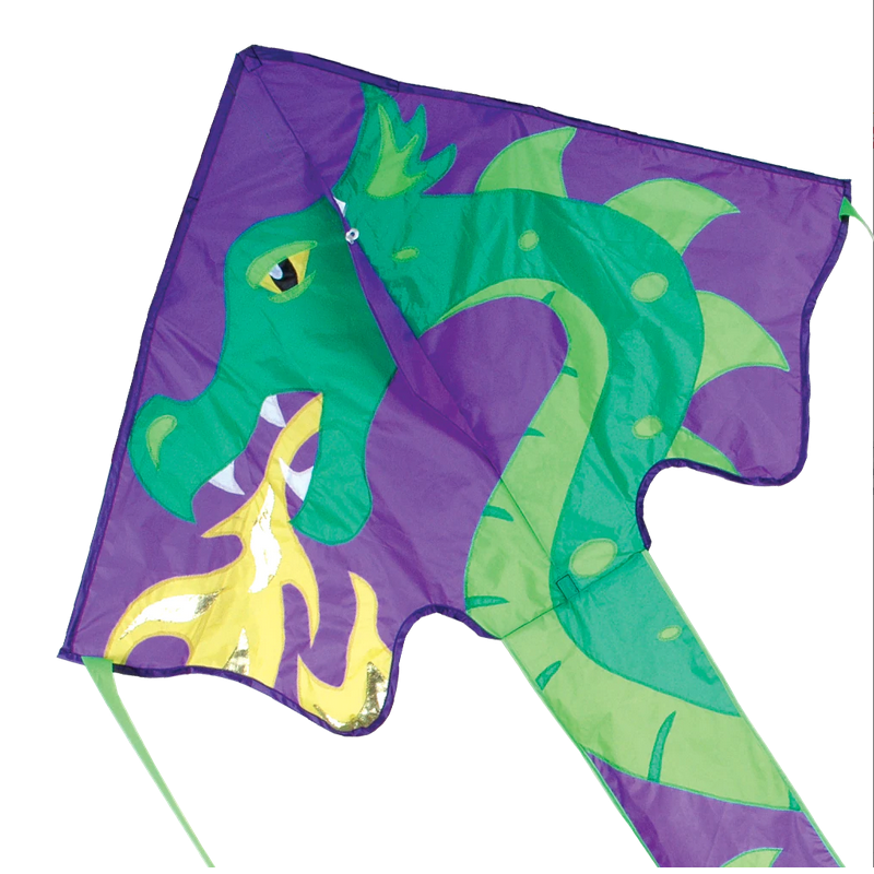 46" Easy Flyer Kite | Skylar Dragon with vibrant green dragon design on purple nylon fabric, easy to assemble and fly.