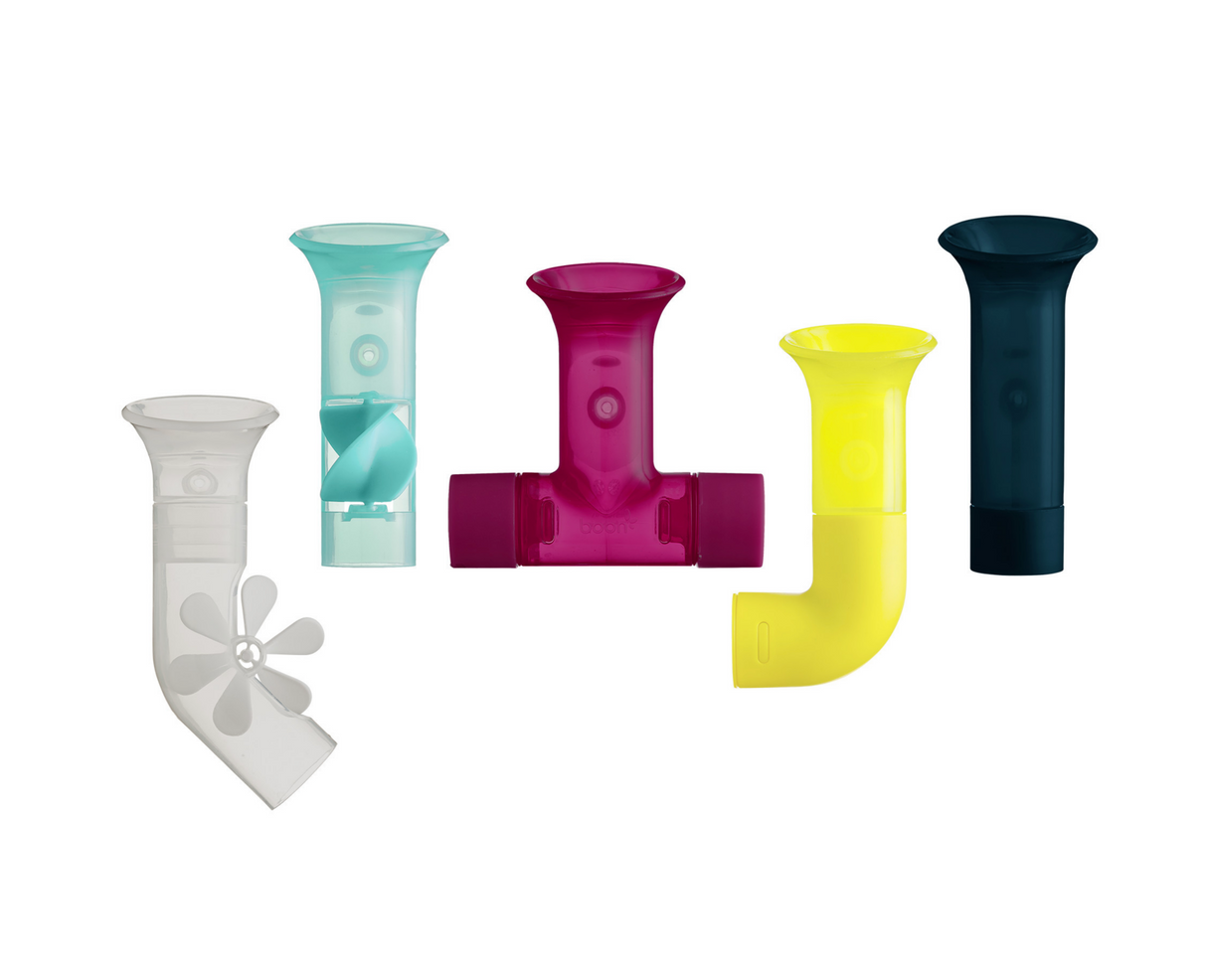 Five colorful PIPES bath toys with different shapes designed for scooping and pouring water.