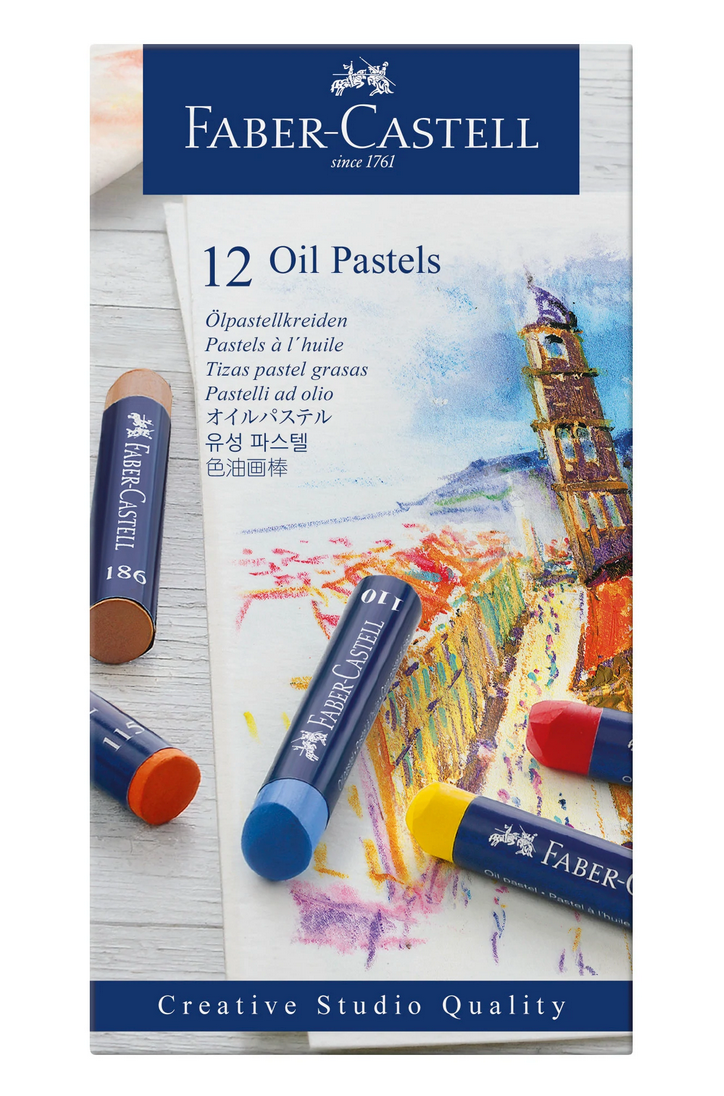 Faber-Castell Oil Pastels with 12 vibrant colors displayed on a wooden surface with a colorful pastel drawing.