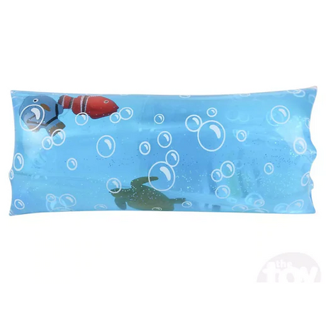 Water Wiggler Sealife toy with floating sea creatures inside a blue, bubble-filled squeezable tube.