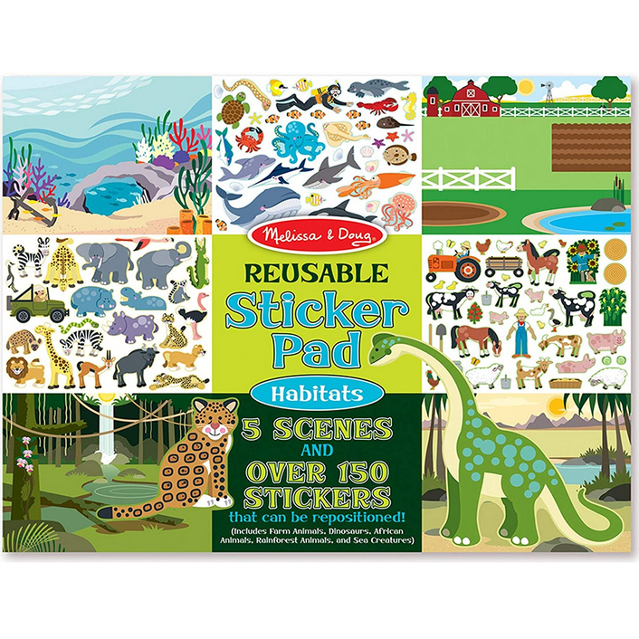 Sticker Pad Habitats reusable sticker book with 5 scenes and over 150 repositionable animal and nature stickers.