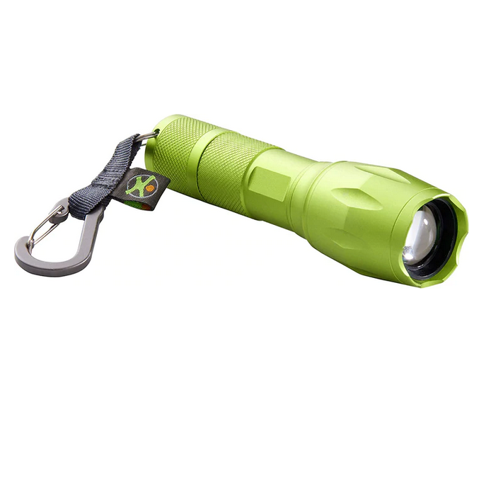 Green compact Exploration Flashlight with textured grip and keychain clip for easy carrying on night-time expeditions.