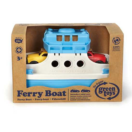 Ferry Boat toy made from recycled plastic with two mini cars, designed for imaginative water play and easy cleaning.