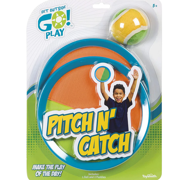 Pitch n Catch hook-and-loop catch game with two neon paddles and ball for outdoor fun, ages 5 and up.