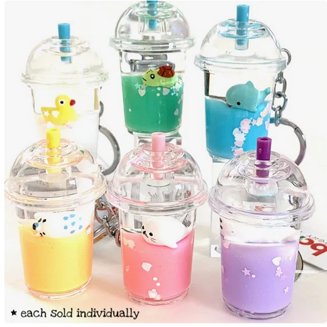 Sea Life Drink Keychain with cute animal figures in colorful drink cups, perfect for backpacks or as a toy.