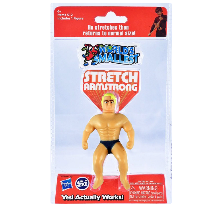 World's Smallest Stretch Armstrong action figure in original packaging, muscular toy that stretches and returns to shape.