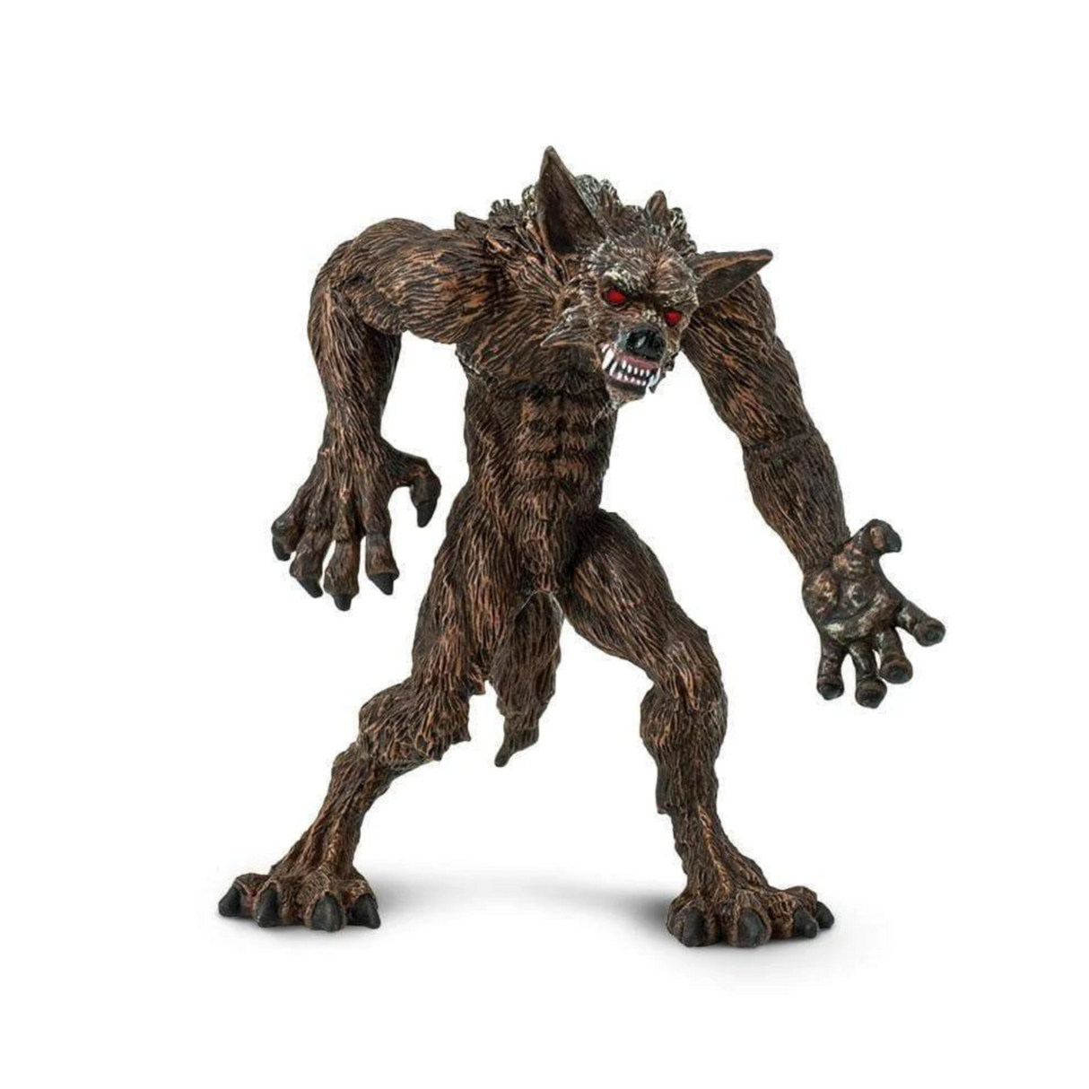 Werewolf figurine with dark brown fur and red eyes, standing aggressively with claws ready to strike, 4-inch tall.