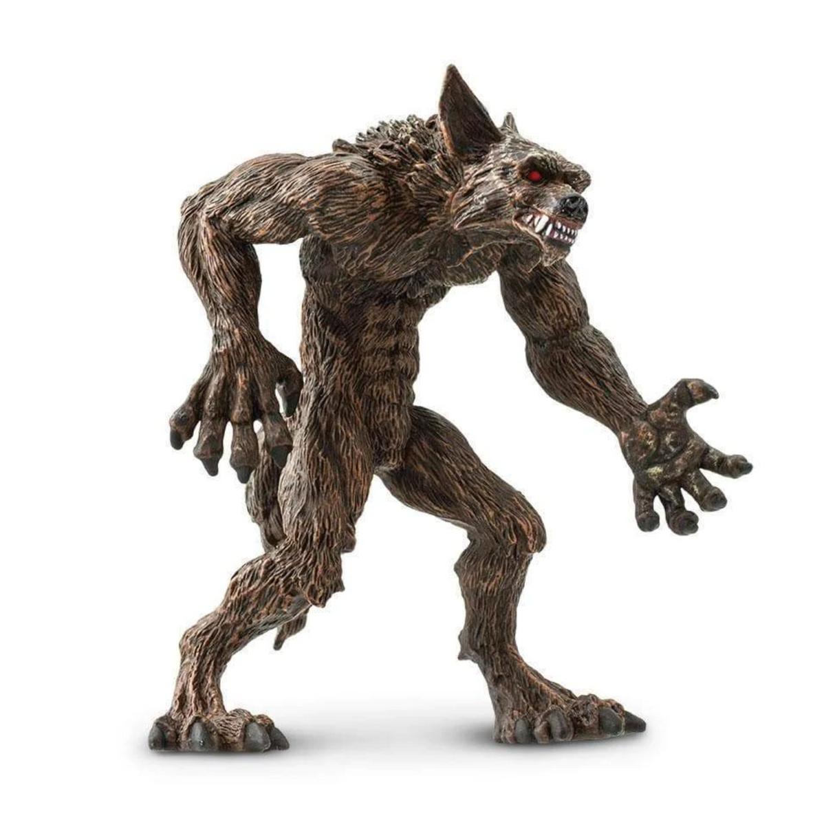 Werewolf figure with dark brown fur, black streaks, bright red eyes, and an aggressive stance, 4 inches tall.