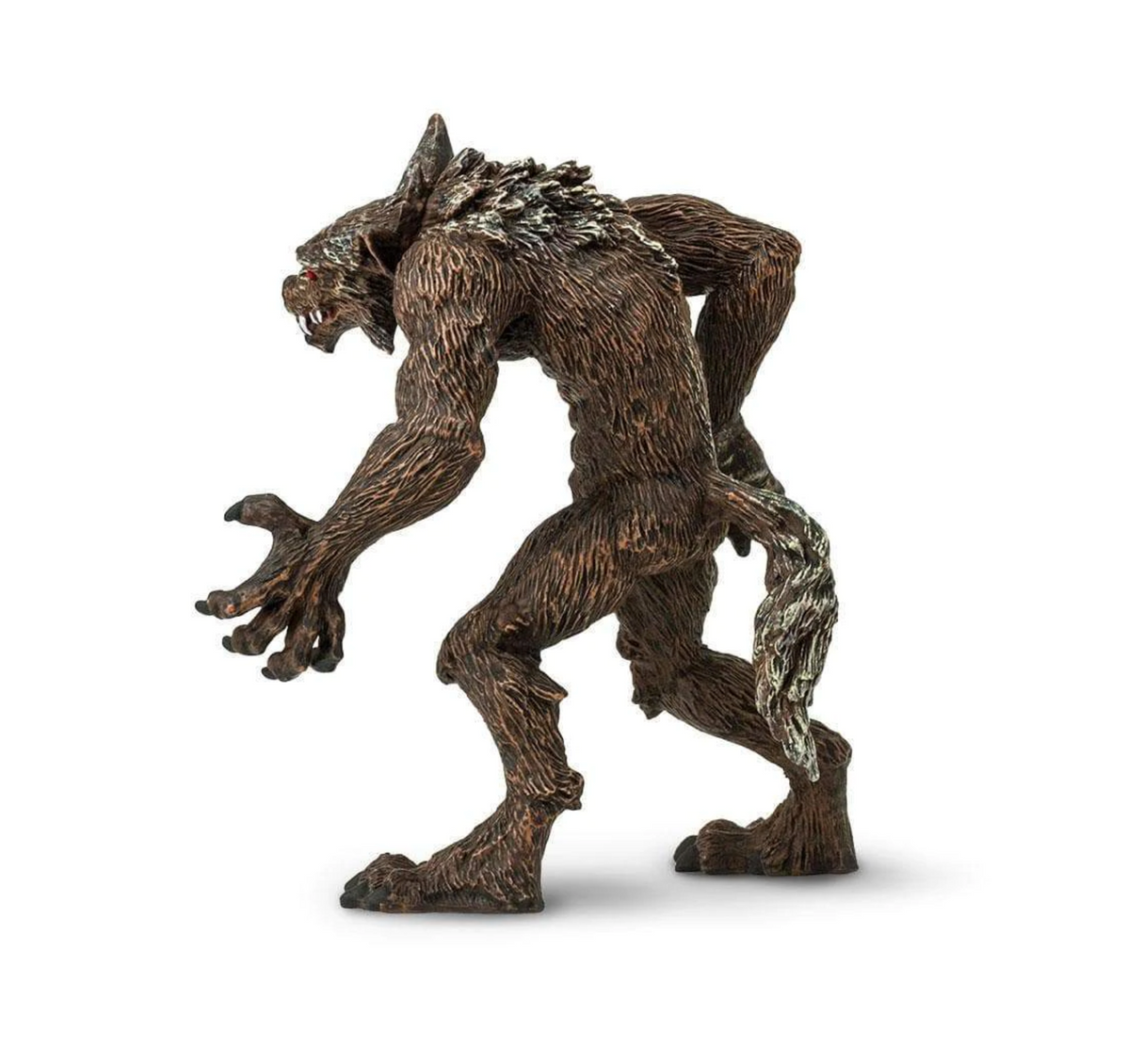 Werewolf figurine with dark brown fur and black streaks, bright red eyes, detailed claws, and a textured tail.