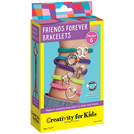 Friends Forever Bracelets DIY kit showing colorful elastic charm bracelets for kids to wear and share.