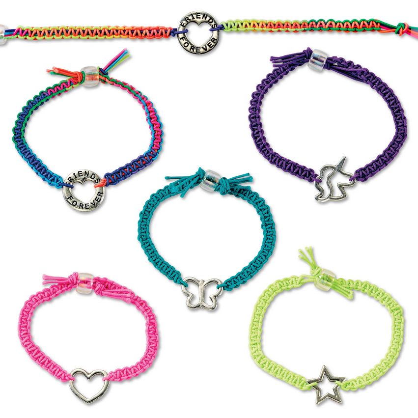 Friends Forever Bracelets featuring colorful woven elastic cords with silver charms including heart, star, butterfly, and squirrel designs.