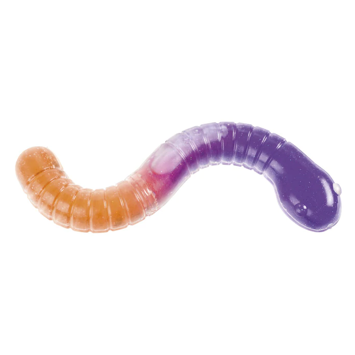 Jumbo Slimy Worm toy showing its orange and purple slimy, squishy, and stretchy textured body on a white background.