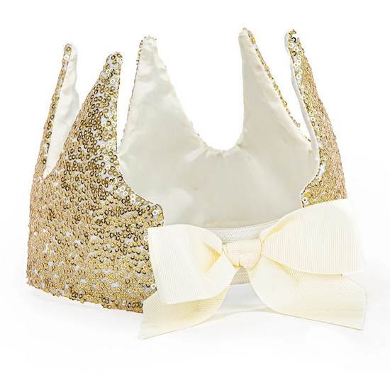 Gold Sequin Crown with soft cream satin lining and adorable bow, perfect for kids ages 3 and up at formal events.