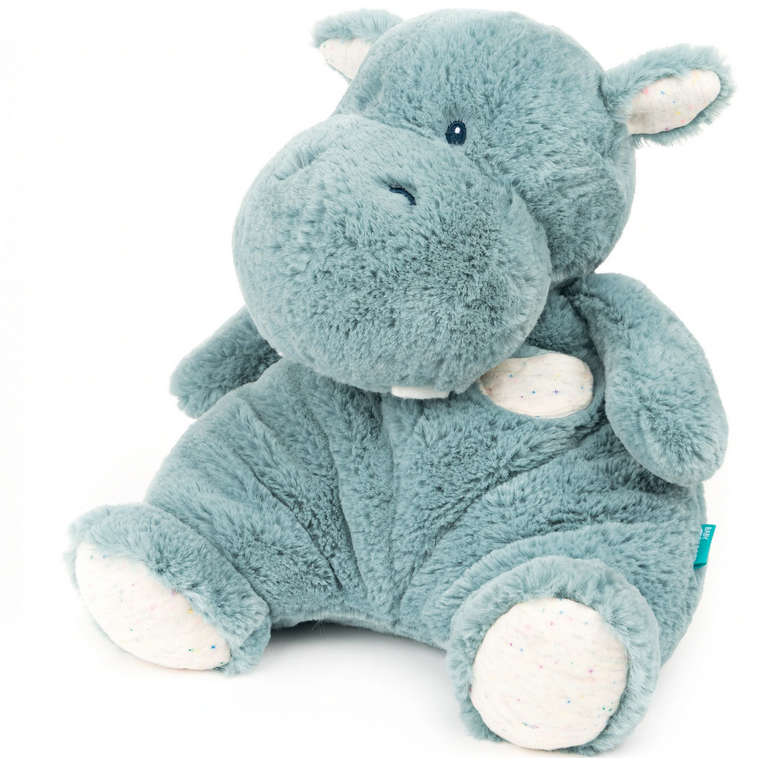 Oh So Snuggly Hippo plush toy in pastel blue with quilted paws and ears, soft baby plush perfect for cuddling.