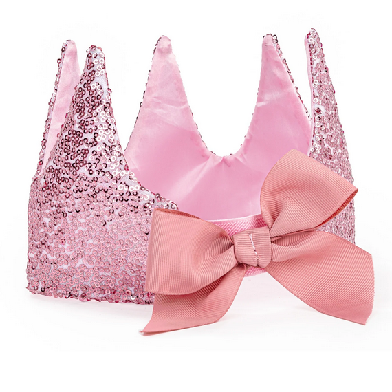 Gracious Pink Sequins Crown with soft sequins and a large pink bow, lined with satin for comfortable dress-up play.