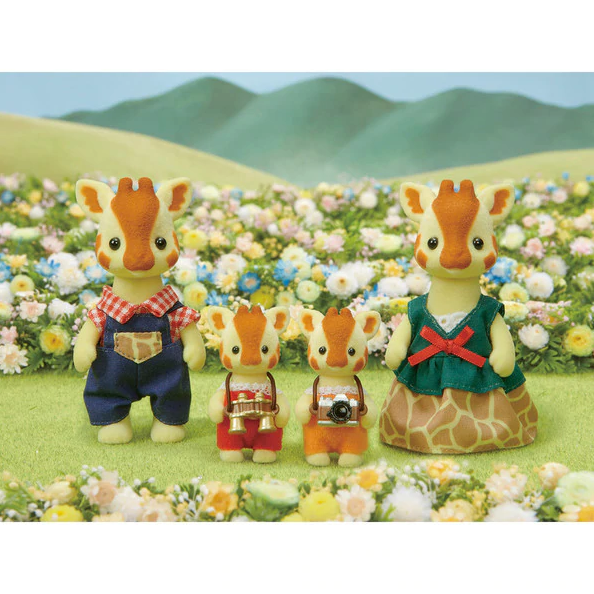 Highbranch Giraffe Family flocked figures with clothing and accessories in a flower field backdrop for imaginative play.