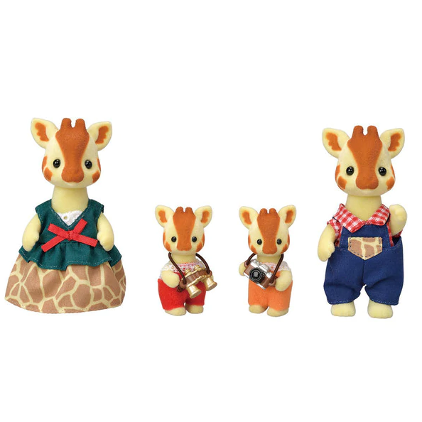 Highbranch Giraffe Family flocked figures with detailed clothes, including mother, father, and two babies with accessories.