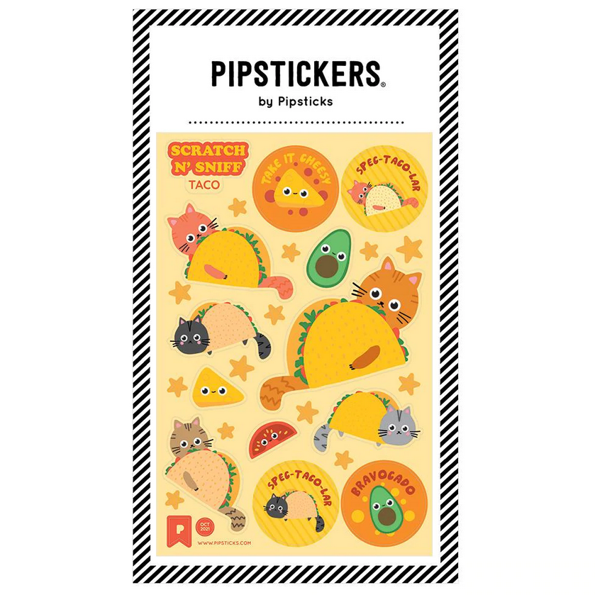 Take it Cheesy Scratch & Sniff Stickers sheet with cute cats, tacos, and avocados in fun, colorful designs.