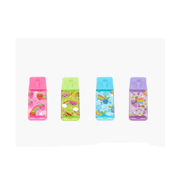 Four colorful Lil Juicy Box Eraser & Sharpener in pink, green, blue, and purple with playful fruit designs and built-in sharpeners.