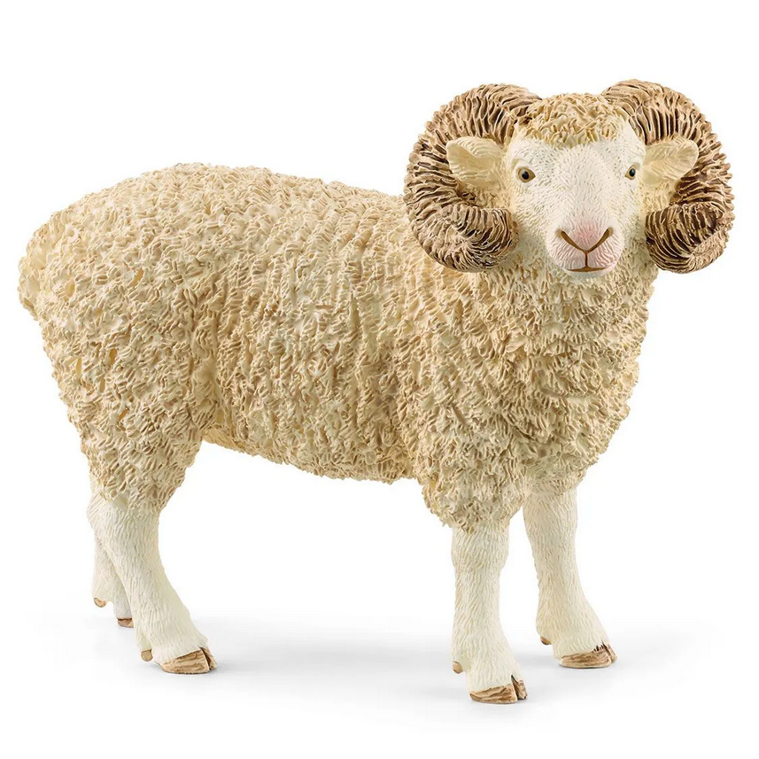 Ram figurine by Schleich with curled horns, woolly fleece, and sturdy hooves, perfect for imaginative play ages 3 and up.