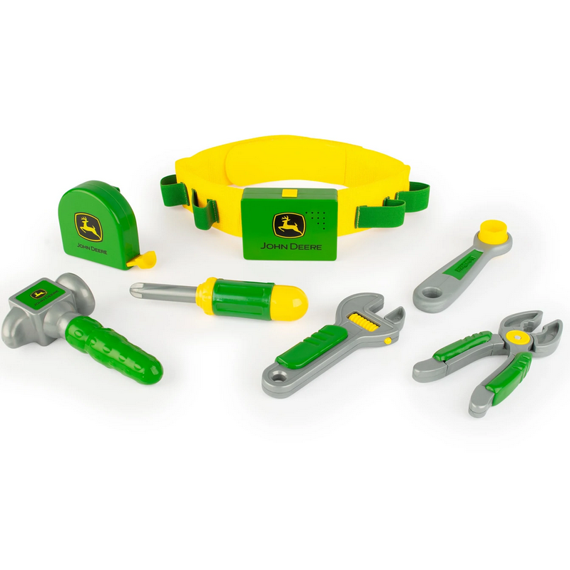 John Deere Talking Tool Set with five toy tools and a yellow belt for kids, making fun electronic noises.