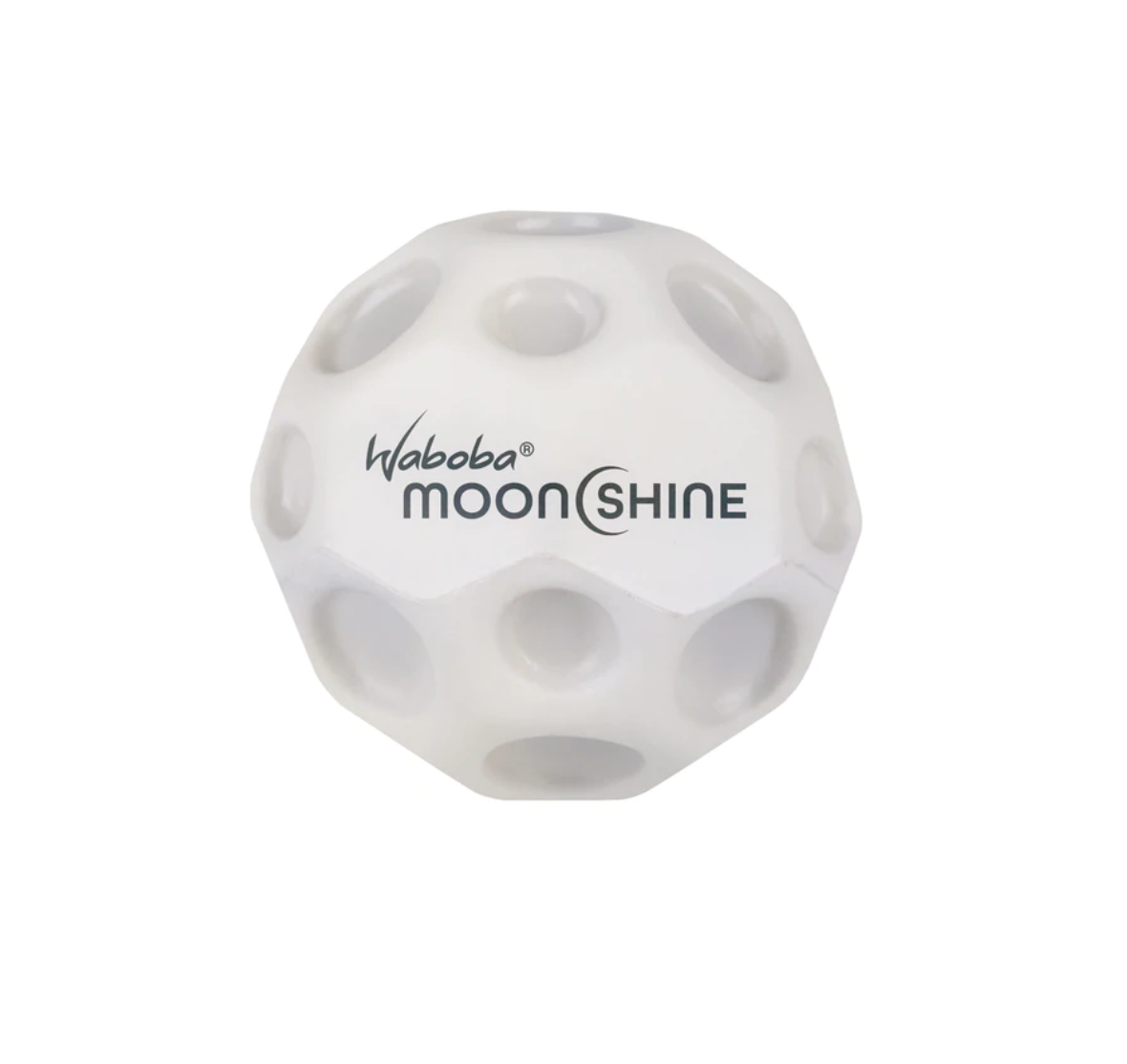 White Moon Ball | Moonshine with craters and Waboba logo, a light-up, bouncy ball for nighttime play.