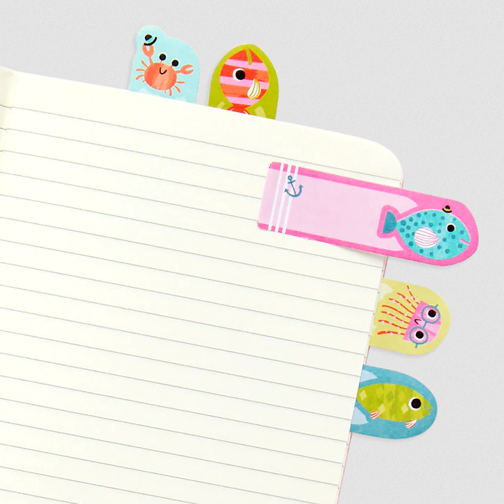 Note Pals Fish aquatic-themed sticky note tabs attached to notebook pages for reminders and bookmarks.