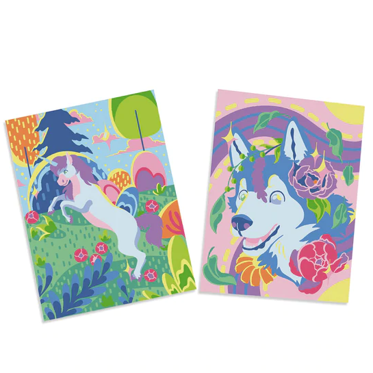 Paint By Number Husky & Unicorn features colorful numbered canvases of a unicorn and husky with flowers for kids to paint.