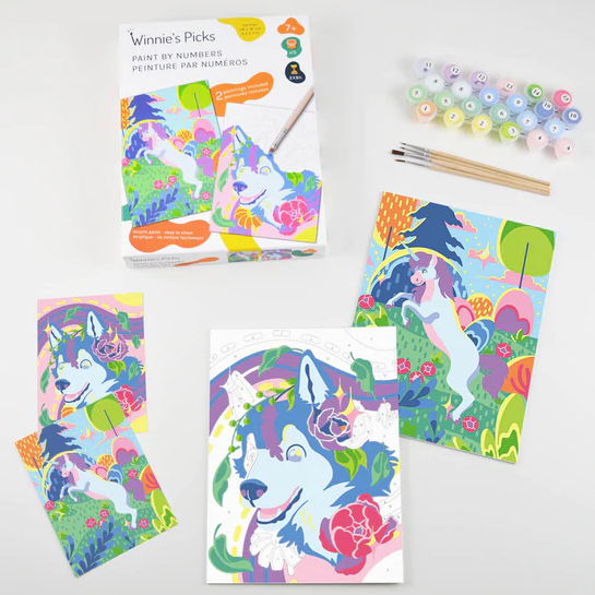 Paint By Number Husky & Unicorn kit with 2 canvases, 15 acrylic paints, 4 brushes, and postcard prints for kids.