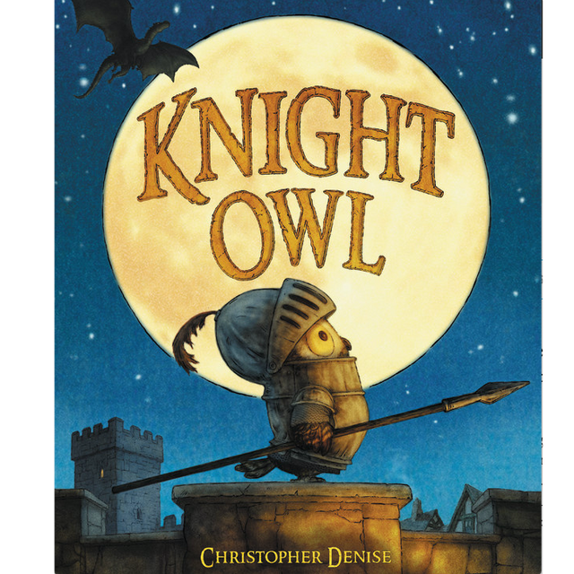 Knight Owl book cover shows an owl in knight armor holding a spear under the full moon in a medieval setting.