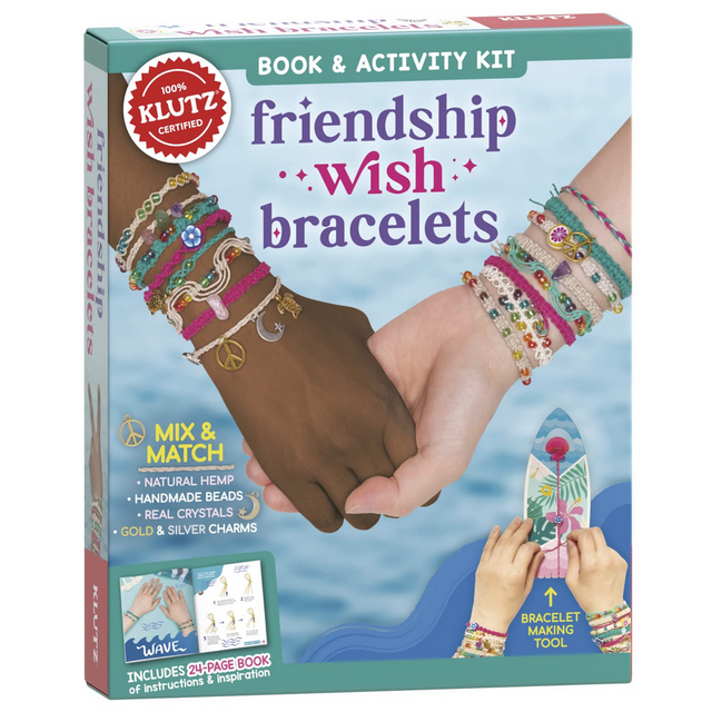 Friendship Wish Bracelets kit showing hands with colorful hemp bracelets featuring beads, charms, and crystals for making wishes.