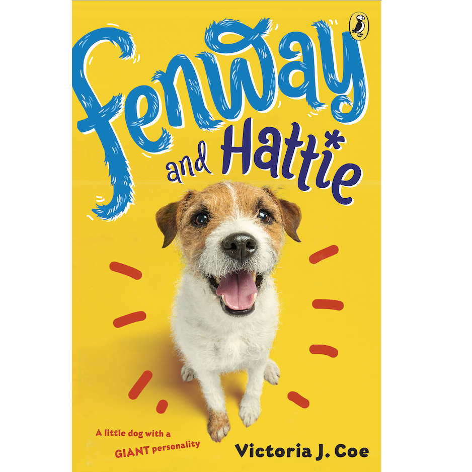 Fenway and Hattie book cover showing a happy Jack Russell terrier dog with a bright yellow background.