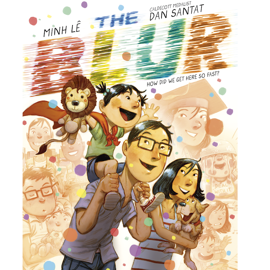 The Blur book cover featuring a joyful child with superhero powers riding on a parent's shoulders surrounded by family.