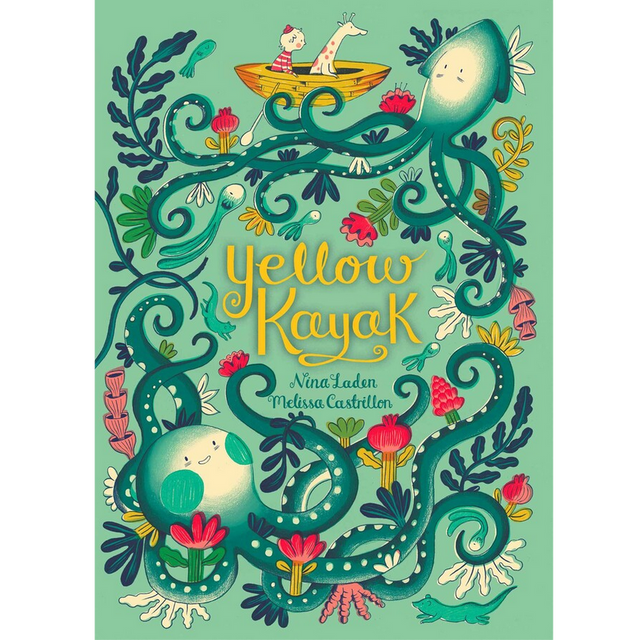 Yellow Kayak book cover showing a boy and giraffe in a yellow boat surrounded by friendly octopuses and sea plants.