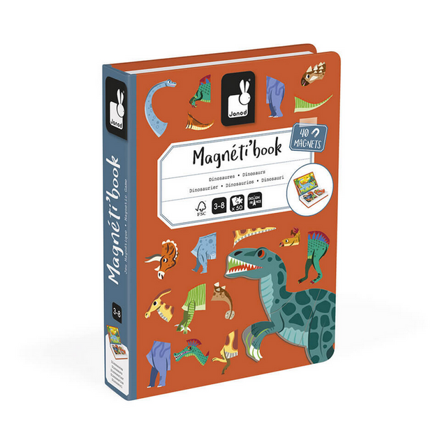 MagnetiBook Dinosaurs magnetic educational book featuring dinosaur pieces for kids aged 3 and up, travel-friendly design.
