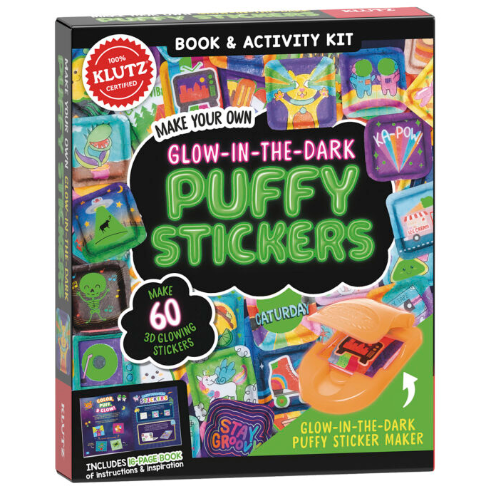 Make Your Own Glow in the Dark Puffy Stickers kit with 60 unique 3D glowing stickers and press tool for kids ages 6 and up.