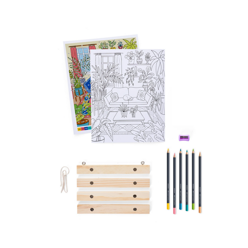 Color by Number Plant Room kit with pencils, coloring guide, sharpener, and magnetic wood frame for wall art.