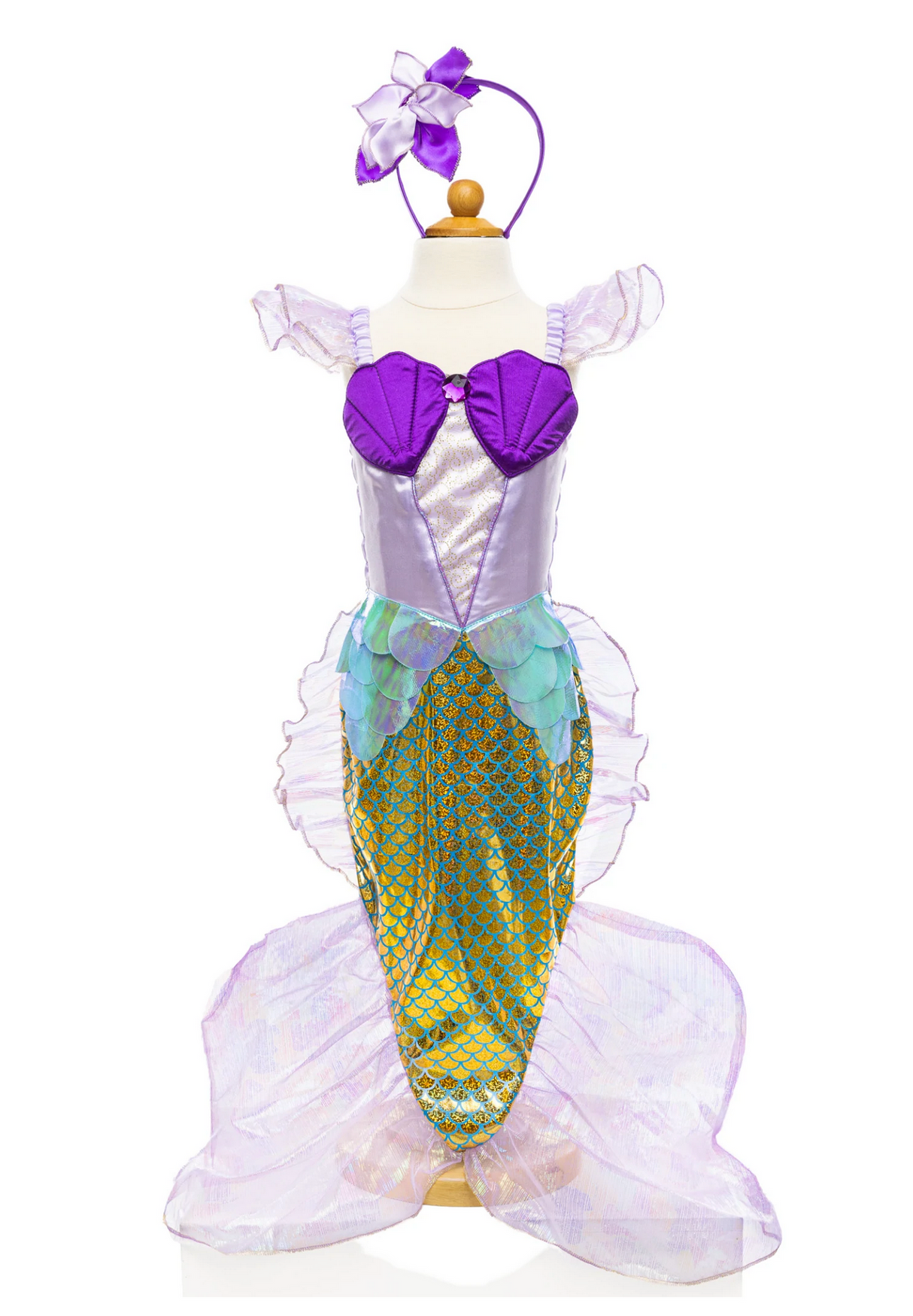 Mermaid Dress & Headband Lilac Size 5-6 with purple shell bodice, holographic scale skirt, and matching headband.