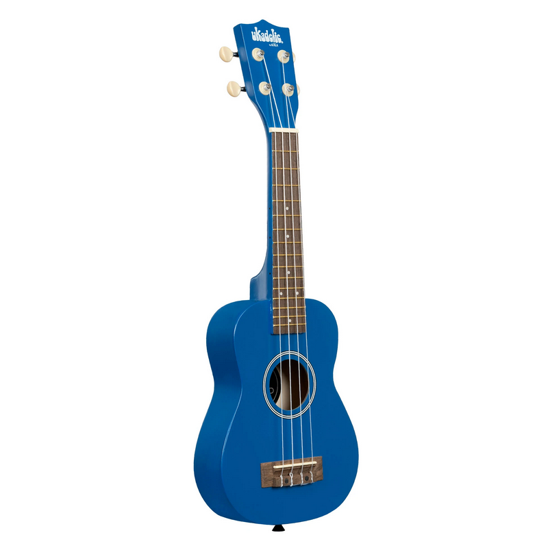 Ukadelic Ukulele Blue Ink solid color soprano ukulele with wood fingerboard and bridge in vibrant blue finish.