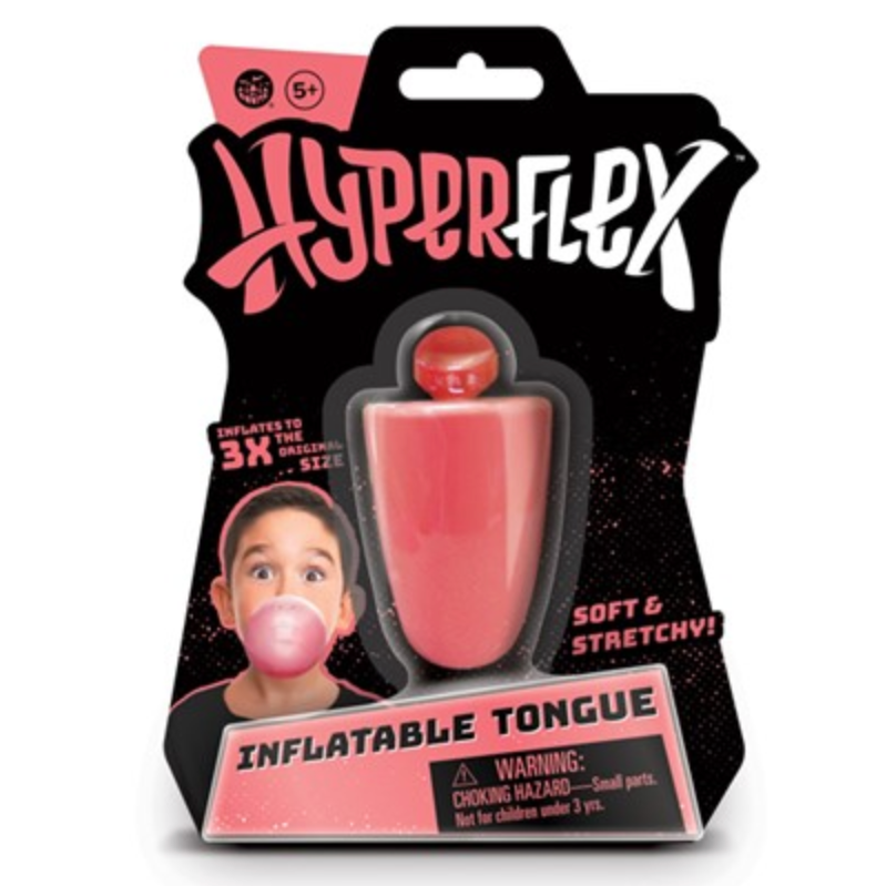 Inflatable Tongue product packaging showing a soft, stretchable red toy tongue that inflates when exhaled into.