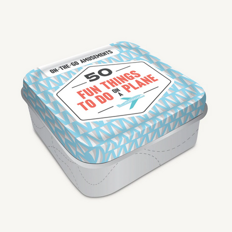 50 Fun Things To Do on a Plane Tin with travel-inspired design for screen-free airplane activities.