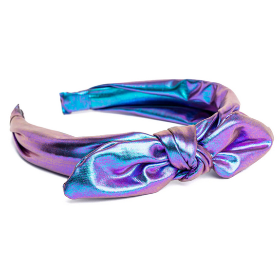 Midnight Metallic Headband with foiled metallic spandex that shifts from purple to blue, featuring a stylish bow.