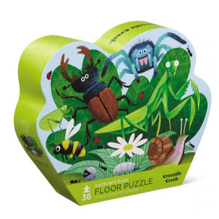 36pc Backyard Bugs Floor Puzzle in a heavy-duty, contour-shaped box with colorful bug illustrations.
