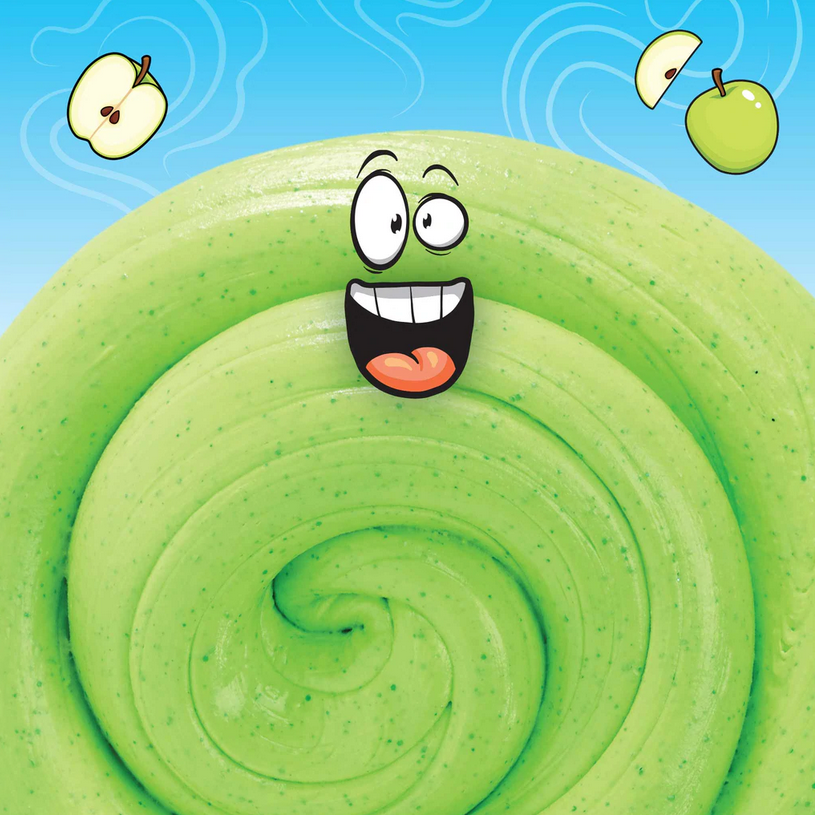 SCENTsory Crisp Apple Thinking Putty in green swirl with animated face and floating apple slices on blue background