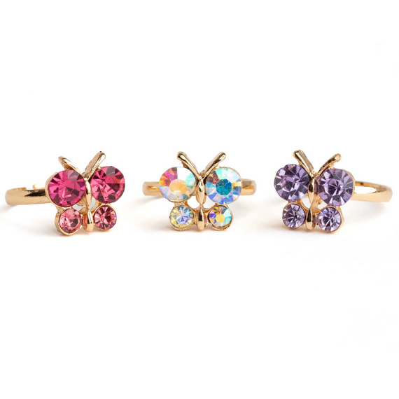 Boutique Butterfly Gem Rings 3-piece set with gold bands and colorful jewel-toned butterfly designs for little fingers.