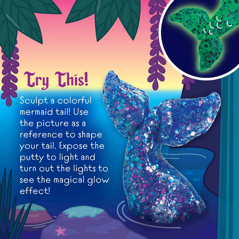 Glowbrights Mermaid Tail Thinking Putty shaped like a shimmering purple and turquoise mermaid tail glowing in the dark.