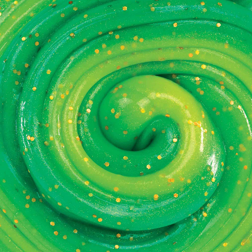 Hypercolors Magic Dragon Thinking Putty swirling in green and yellow with sparkling bronze flecks and heat-sensitive color change.