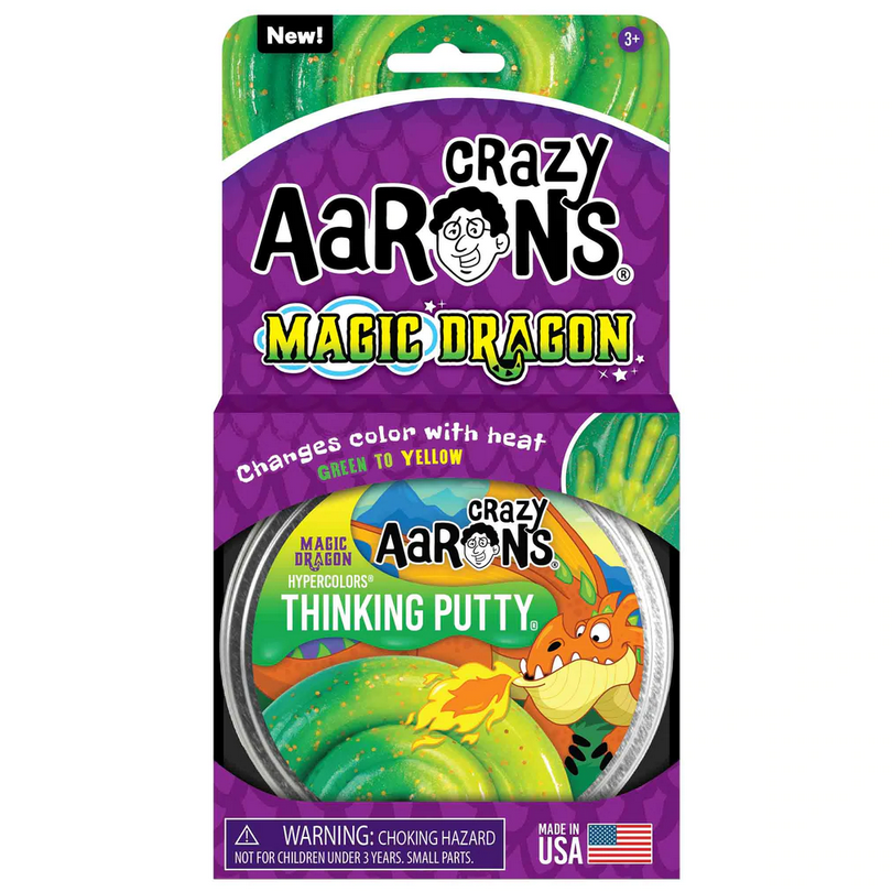 Hypercolors Magic Dragon Thinking Putty in tin, changes from forest green to golden yellow with heat.