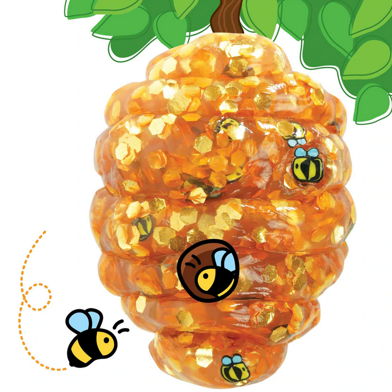 Trendsetters Honey Hive Thinking Putty in amber gold hues with honeycomb glitter and bee designs in a putty shape.