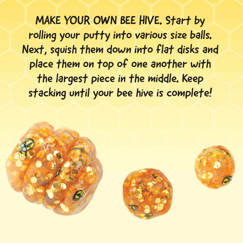 Trendsetters Honey Hive Thinking Putty with amber honeycomb shimmer and playful bee designs for creative stacking and play.
